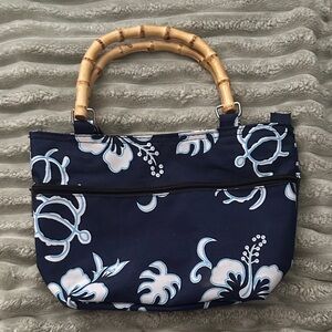 Navy Hawaiian Floral Tote with Bamboo Handles